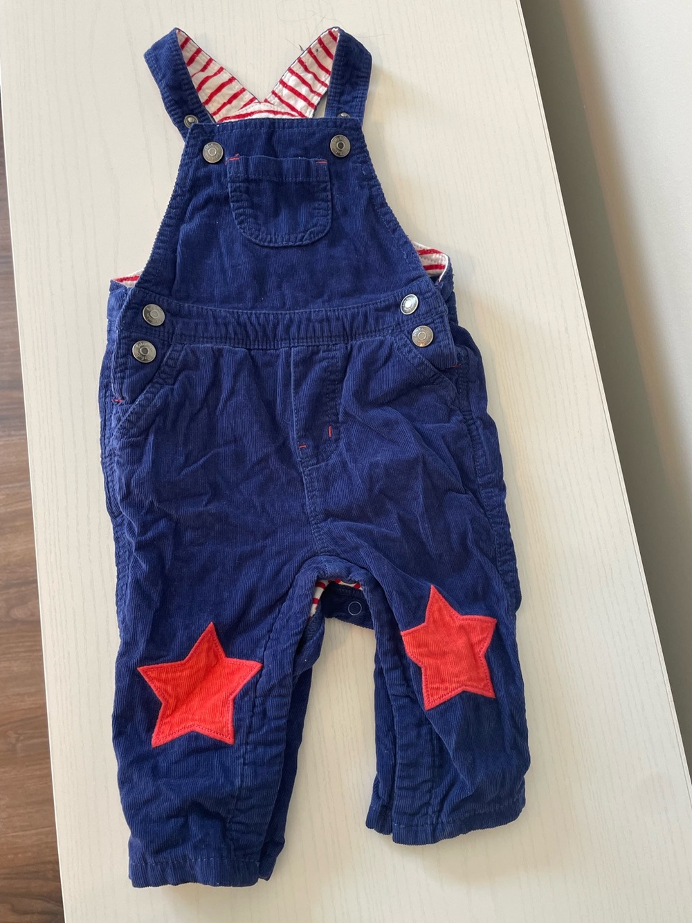 Baby Boden Navy Corduroy Overalls with Red Star Patches